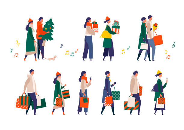 Some people performing christmas outdoor activities. Shopping, walking, drinking and texting from phone. Some people performing christmas outdoor activities. Shopping, walking, drinking and texting from phone. Flat cartoon colorful vector illustration. gift illustrations stock illustrations
