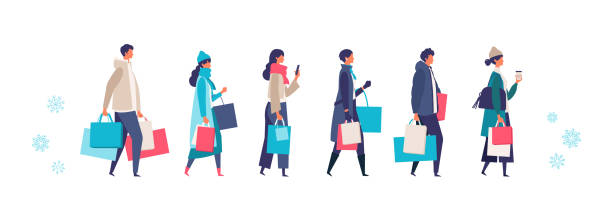 Some people carrying shopping bags at winter. Man and woman taking part in seasonal sale at store, shop, mall. Some people carrying shopping bags at winter. Man and woman taking part in seasonal sale at store, shop, mall. Flat cartoon colorful vector illustration. asian women in stockings stock illustrations