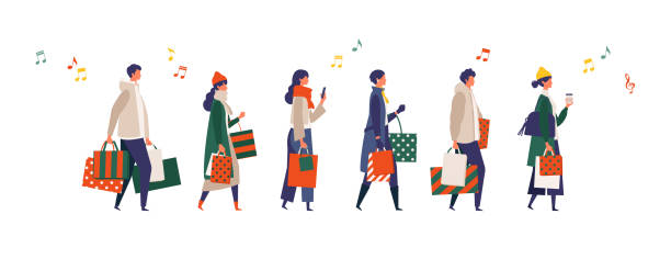 ilustrações de stock, clip art, desenhos animados e ícones de some people carrying shopping bags at christmas. man and woman taking part in seasonal sale at store, shop, mall. - christmas shopping store retail