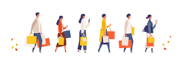 ilustrações de stock, clip art, desenhos animados e ícones de some people carrying shopping bags at autumn. man and woman taking part in seasonal sale at store, shop, mall. - christmas shopping store retail