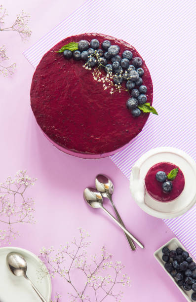 istock Blueberry mousse cake, cheesecake with fresh blueberry on white plate with mint leaves 1268733269