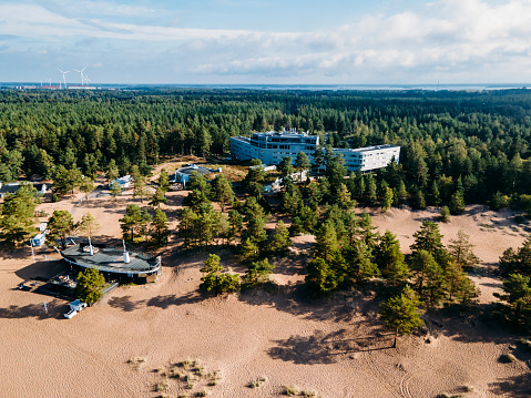 Aerial view to Beautiful sandy beach Yyteri at summer, in Pori, Finland