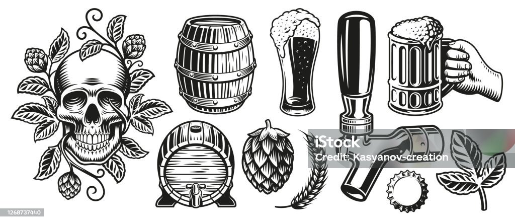 A Set Of Black And White Illustrations For Beer Theme Stock Illustration -  Download Image Now - iStock
