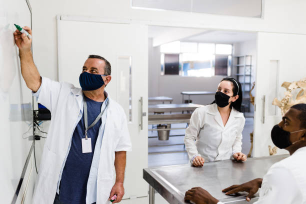 reunião no laboratório usando uma máscara - medicine lab coat hospital senior adult - fotografias e filmes do acervo