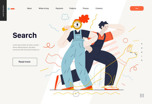 Business topics - search, web template Business topics -search, web template, header. Flat style modern outlined vector concept illustration. Young man looking forward and a woman with magnifying glass looking through it. Business metaphor young adult illustrations stock illustrations