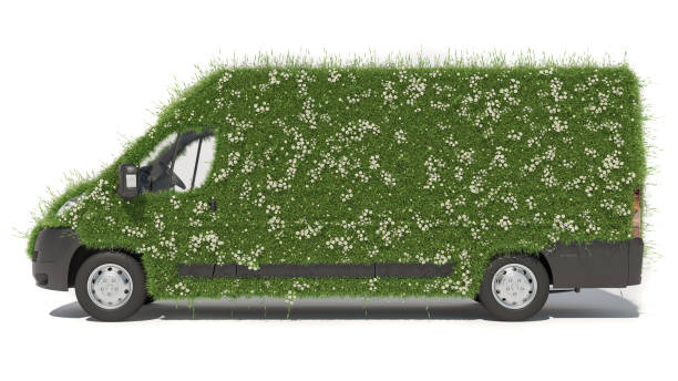 istock Side View of a Delivery Van Covered with Grass and Daisies on White Background 1268741392
