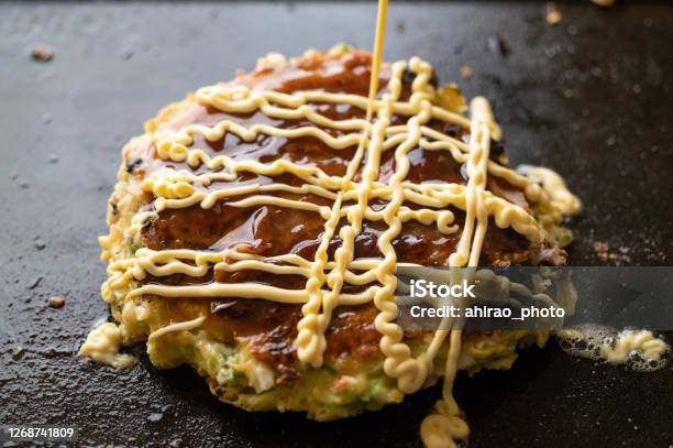 Okonomiyaki Japanese Teppanyaki Pancake Stock Photo - Download Image Now - Okonomiyaki, Asia, Cabbage