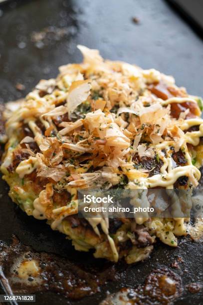 Okonomiyaki Japanese Teppanyaki Pancake Stock Photo - Download Image Now - Japan, Okonomiyaki, Asia