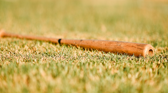 Shot of a baseball bat lying on a field