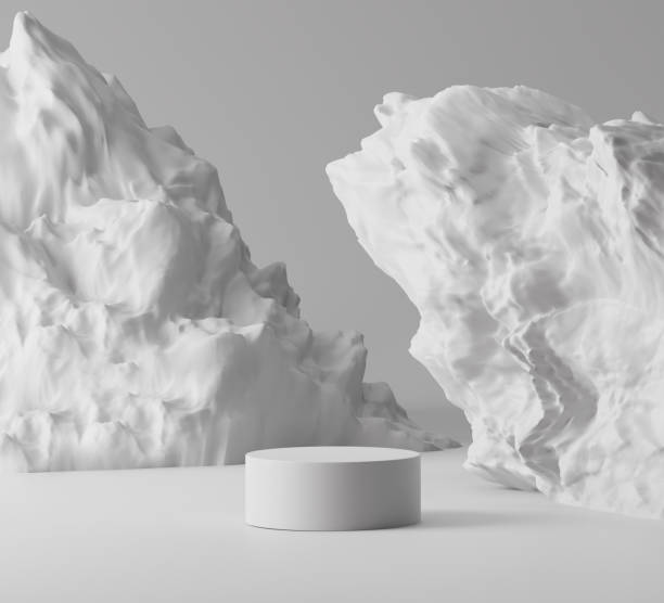 3D white rock pedestal display with gray background. Nature grey stone podium for beauty cosmetics product promotion. Minimal, abstract showcase stage, template mockup. 3D render illustration .