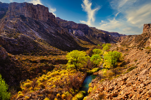 Panoramic view of Atuel canyon, Mendoza, Argentina. Taken inside the canyon on a winter morning under a blue sky with a few white clouds