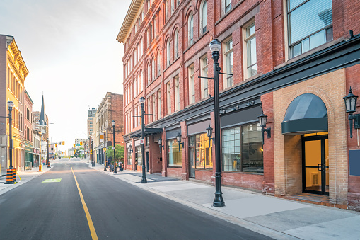 Historic facades in downtown Kitchener Ontario Canada on a sunny day