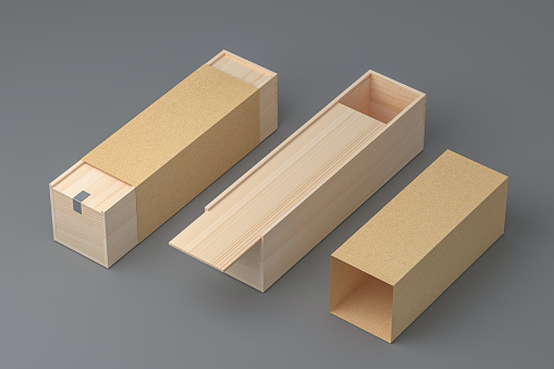 long wooden boxes with slider cover and additional craft paper cover wrapping opened and closed for branding and identity - isolated