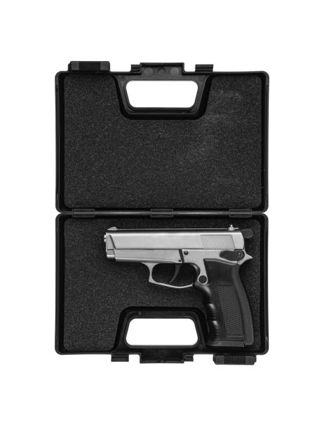 istock Modern silver semi-automatic pistol isolate on a white background. Concealed short-barreled weapon. Weapons for self-defense and sports. Arming the army and police. 1268750341