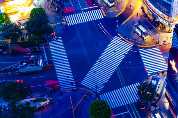 A night Shibuya crossing in Tokyo long shot high angle. Shibuya district Tokyo / Japan - 08.03.2020