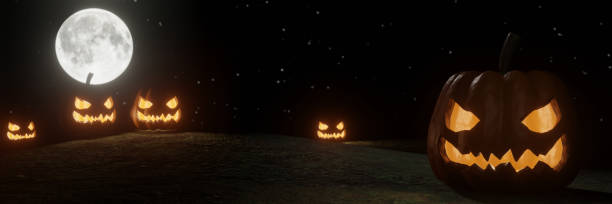 istock Halloween Pumpkin. The demon's face had light from inside. Full moon and many star black background and the light shining from the back. 3D Rendering 1268759290