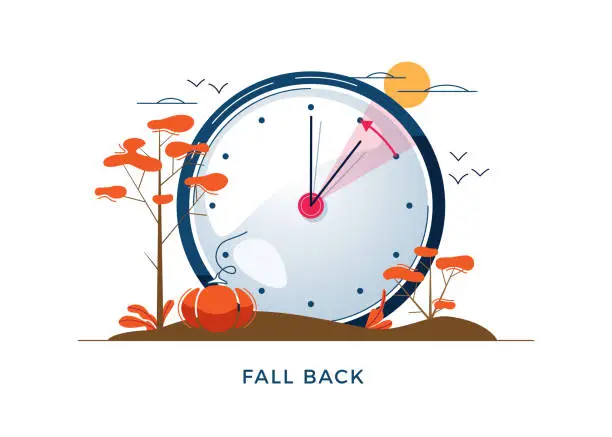 Vector illustration of Daylight Saving Time concept. Autumn landscape with text Fall Back, the hand of the clocks turning to winter time. DST in Northern Hemisphere, USA time, vector illustration, modern flat style design