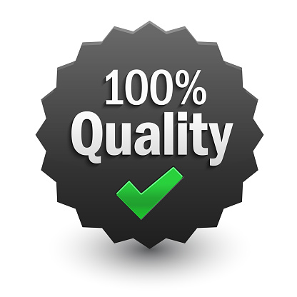 100% QUALITY black vector star-shaped marketing stamp with green tick