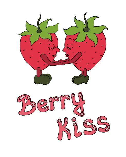 Vector illustration of Hand drawn strawberries holding hands with handwritten inscription 