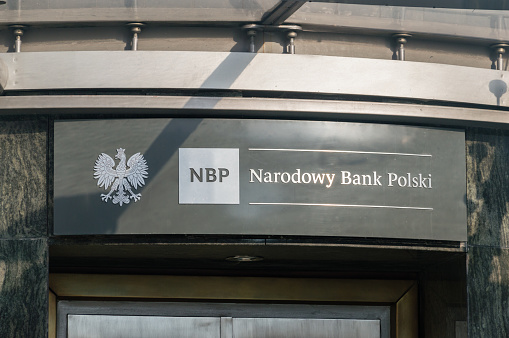 Rzeszow, Poland - June 13, 2020: Logo and sign of Narodowy Bank Polski (National Bank of Poland, NBP).