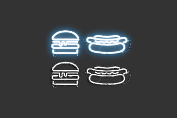 Decorative burger and hot dog neon symbol mockup, 3d rendering. Catering of fastfood delivery decoration signboard. Take away eatery glowing signboard with charset figure template.