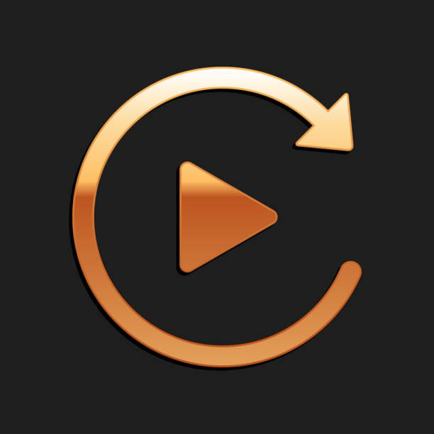 istock Gold Video play button like simple replay icon isolated on black background. Long shadow style. Vector 1268793647