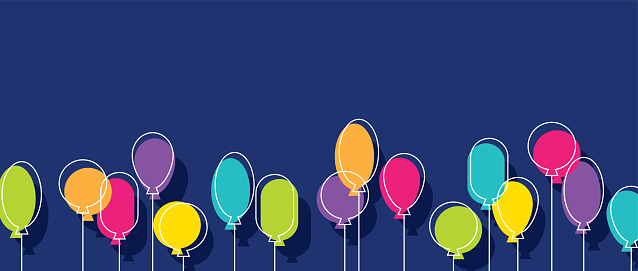 Birthday party colorful balloons on a dark blue background. Horizontal banner for holiday or anniversary celebration, festive, event. Minimalist design.