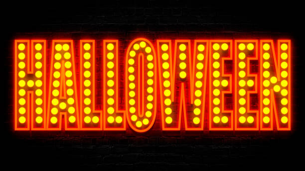 Halloween retro lamps text, illustration, neon sign on black