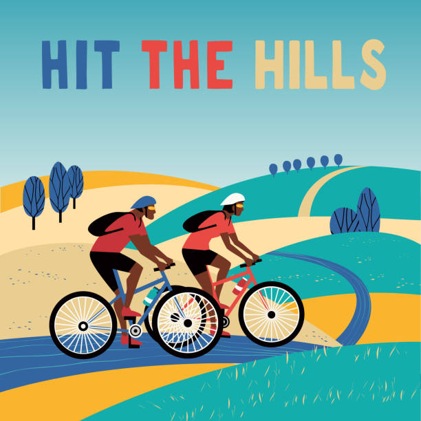 illustrations, cliparts, dessins animés et icônes de affiche de vecteur plat d’aventure de vélo de montagne - mountain cycling bicycle tire