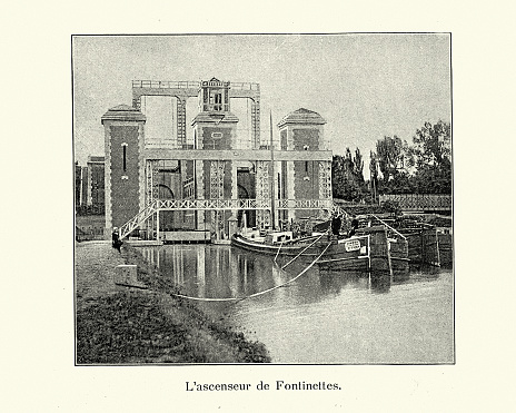 Vintage photograph the Fontinettes boat lift (French: Ascenseur des Fontinettes or Ascenseur à bateaux des Fontinettes), built in 1888 on the Canal de Neufosse and connected the River Aa and the Neuffosse Canal in Arques, near Saint-Omer in the Pas-de-Calais. A boat lift, ship lift, or lift lock is a machine for transporting boats between water at two different elevations, and is an alternative to the canal lock and the canal inclined plane.