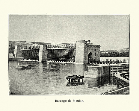 Vintage photo of the Barrage de Meulan on the River Siene, Hardricourt, France 19th Century