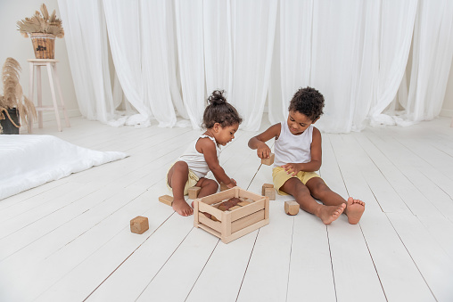 Little Brother and Sister Black African American play houses with wooden eco bricks, build and destroy towers. Fine motor development, educational games. White interior in background with wooden floor
