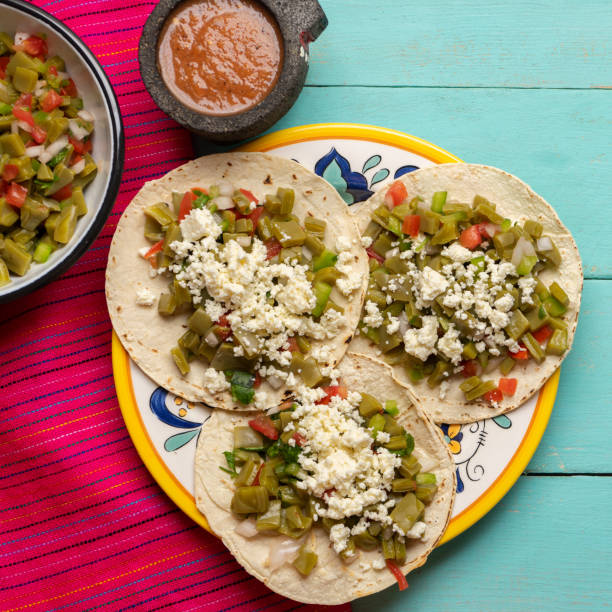 istock Mexican nopal cactus tacos with cheese on turquoise background 1268871998