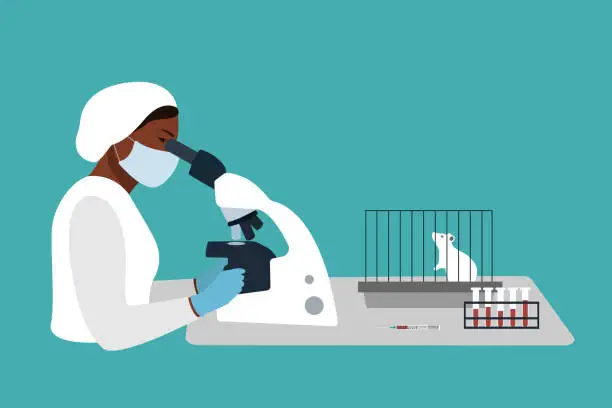 Vector illustration of laboratory research vaccine. Professional lab worker black woman in uniform looks through a microscope, a white mouse in a cage and test tubes are on the table. vector illustration on blue background