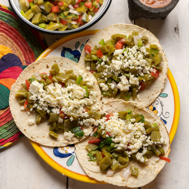istock Mexican nopal cactus tacos with cheese on white background 1268879685
