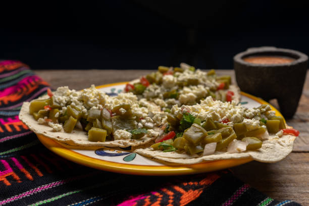 istock Mexican nopal cactus tacos with cheese on wooden background 1268882121