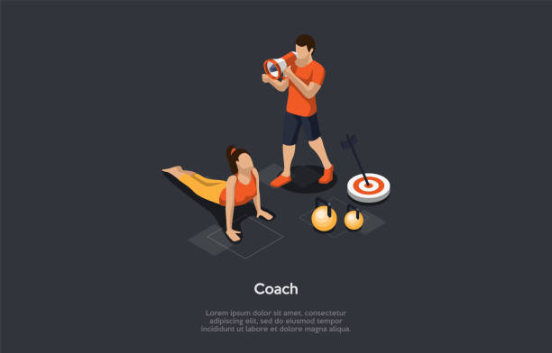 Health And Popular Sport Activities Concept. Girl Exercising Doing Push-Ups Under The Fitness Coach Watching. Dumbbells And Target With An Arrow On Grey Background. 3d Isometric Vector Illustration Health And Popular Sport Activities Concept. Girl Exercising Doing Push-Ups Under The Fitness Coach Watching. Dumbbells And Target With An Arrow On Grey Background. 3d Isometric Vector Illustration. personal trainer stock illustrations