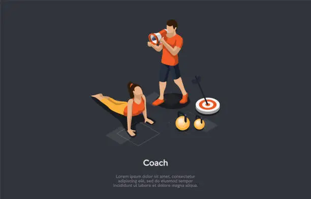 Vector illustration of Health And Popular Sport Activities Concept. Girl Exercising Doing Push-Ups Under The Fitness Coach Watching. Dumbbells And Target With An Arrow On Grey Background. 3d Isometric Vector Illustration