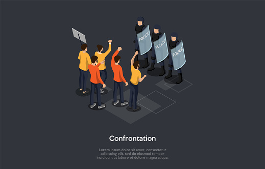Social Meetings, Confrontation, Protests And Chaotic Riots Concept. A Group Of Protesting People Standing In Front Of Policemen In Helmets Holding Shields. Colorful 3d Isometric Vector Illustration.
