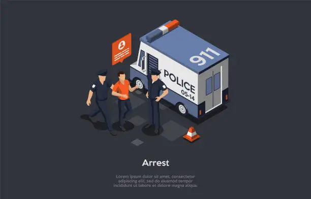 Vector illustration of 911 Service, Emergency Calls And Problems With Law Concept. A Request OF Emergency Assistance. Two Police Officers Identifying, Detaining And Arresting The Intruder. 3d Isometric Vector Illustration