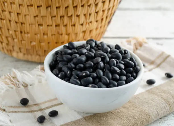 Bowl of organic raw black beans.  Close up horizontal composition.