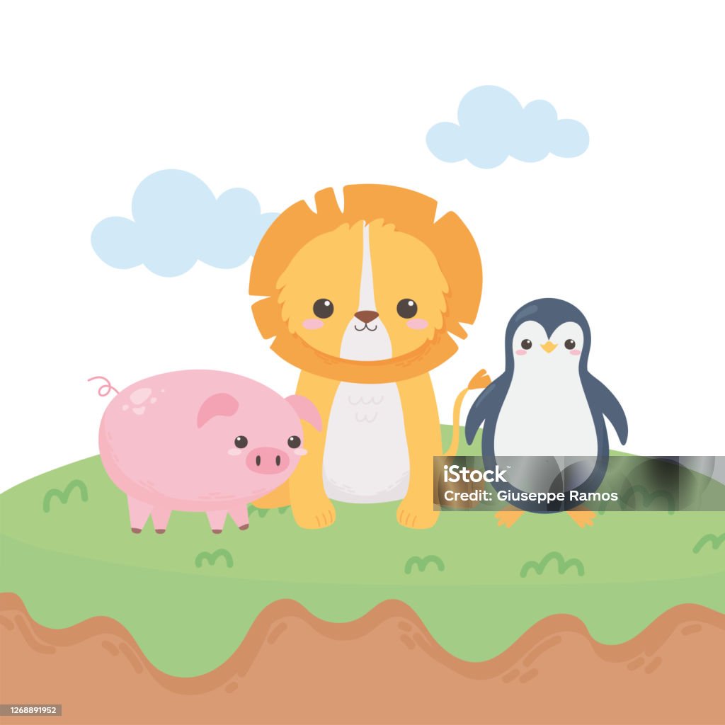 Lợn Sư Tử Nhỏ Và Động Vật Hoạt Hình Chim Cánh Cụt Trong Cảnh Quan ...