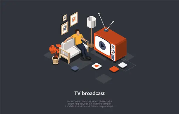 Vector illustration of TV Broadcast, Media And Entertainment Industry Concept. Male Character Relaxes On The Couch After A Hard Working Day Switching TV Channels With The Remote Control. 3d Isometric Vector Illustration