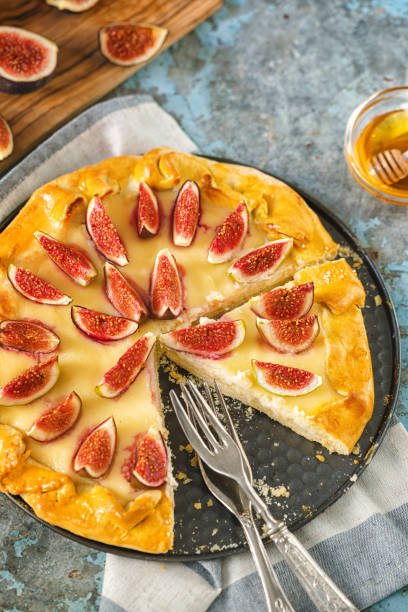 istock Freshly baked fig galette or open fig pie on rustic background 1268900760