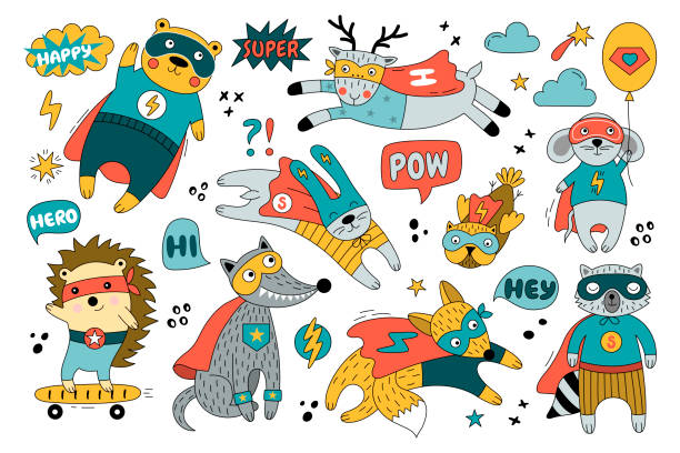 Set of superheroes in funny comics costume. Set of superheroes in funny comics costume. Cute vector illustration with hare, fox, owl, mouse, hedgehog, raccoon, bear isolated on white background. Can be used for card, banner, children's room, stickers animal stickers stock illustrations