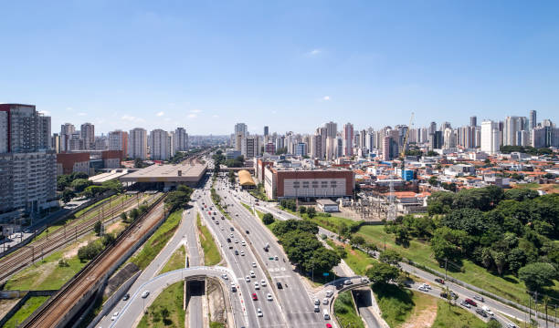 Radial Leste avenue in the district of Tatuape. Sao Paulo city. Aerial view of Radial Leste avenue, Tatuape train and subway station, in the Tatuape district, east region of Sao Paulo city, Brazil. east stock pictures, royalty-free photos & images