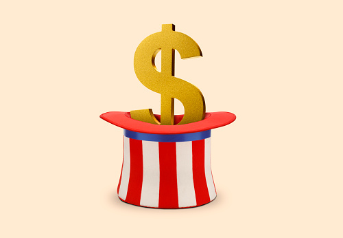 A golden dollar sign rests inside Uncle Sam's hat isolated on a yellow background.