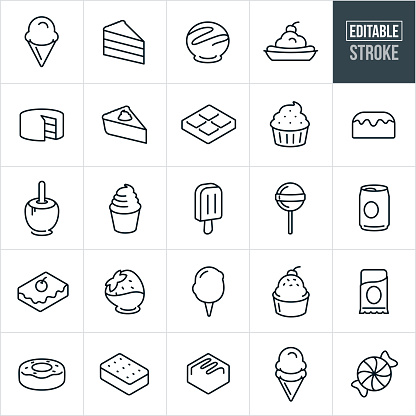 A set of sweets, candy and desserts icons that include editable strokes or outlines using the EPS vector file. The icons include ice cream in an ice cream cone, slice of cake, banana split, cake, piece of pie, candy bar, chocolate, cup cake, bun cake, caramel apple, ice cream, soft serve ice cream, popsicle, sucker, lollipop, soda, pop can, cheese cake, chocolate covered strawberry, cotton candy, doughnut, ice cream sandwich, piece of chocolate, piece of candy and other related icons.