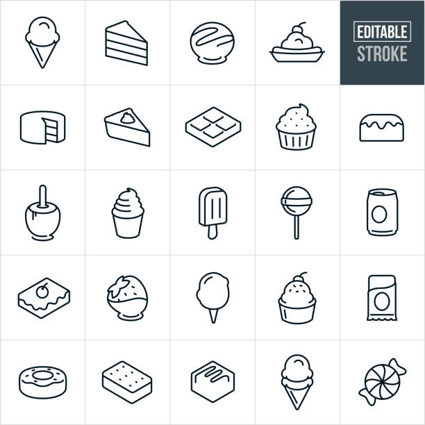 Sweets, Candy and Desserts Thin Line Icons - Editable Stroke A set of sweets, candy and desserts icons that include editable strokes or outlines using the EPS vector file. The icons include ice cream in an ice cream cone, slice of cake, banana split, cake, piece of pie, candy bar, chocolate, cup cake, bun cake, caramel apple, ice cream, soft serve ice cream, popsicle, sucker, lollipop, soda, pop can, cheese cake, chocolate covered strawberry, cotton candy, doughnut, ice cream sandwich, piece of chocolate, piece of candy and other related icons. cake symbols stock illustrations
