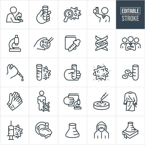 Science and Laboratory Thin Line Icons - Editable Stroke A set of science and laboratory icons that include editable strokes or outlines using the EPS vector file. The icons include a scientist, laboratory worker, scientist using a microscope, hand holding a test tube, virus, bacteria, laboratory worker holding up a test tube, microscope, hand holding a petri dish, DNA strand, a team of scientists, germs, vial, beaker, laboratory equipment, rubber gloves, laboratory gown, immunization, vaccine, human brain, scientist wearing a hazmat suit and other related icons. science research stock illustrations